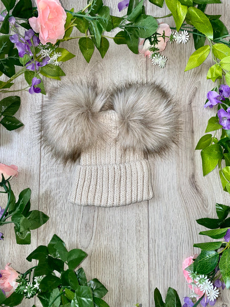 Luxury Faux Fur Double Pom Pom Knitted Hat