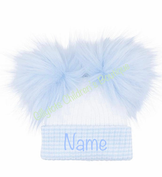 Baby Blue/White Double Pom Pom Hat