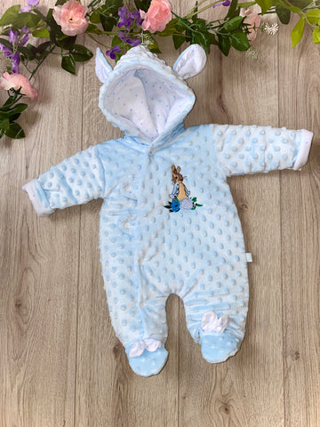 all in one peter rabbit snow suit padded pram suit blue hooded gillytots 