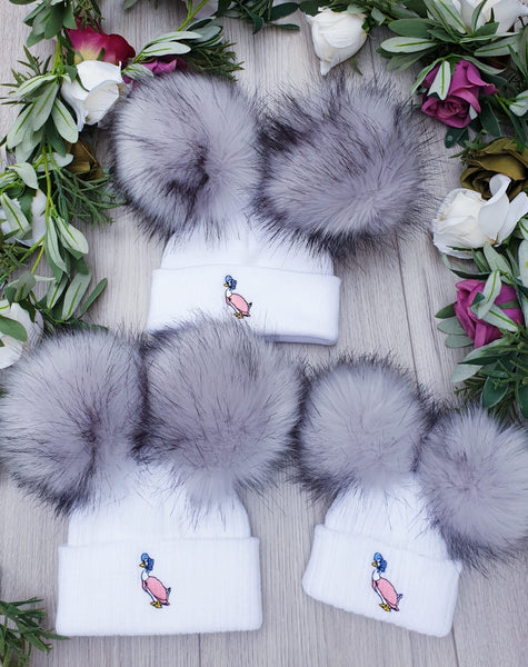 jemima puddleduck grey fur double pom pom hat gillytots childrens boutique 