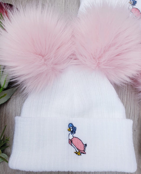 Jemima Puddleduck luxury Faux Fur Double pom Hat - white /Pink