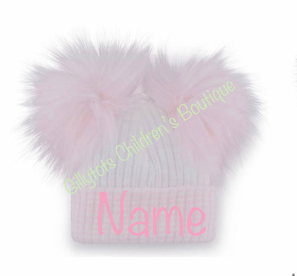 Baby Girls Double luxury Faux Fur Pom Pom Hat white/pink trim