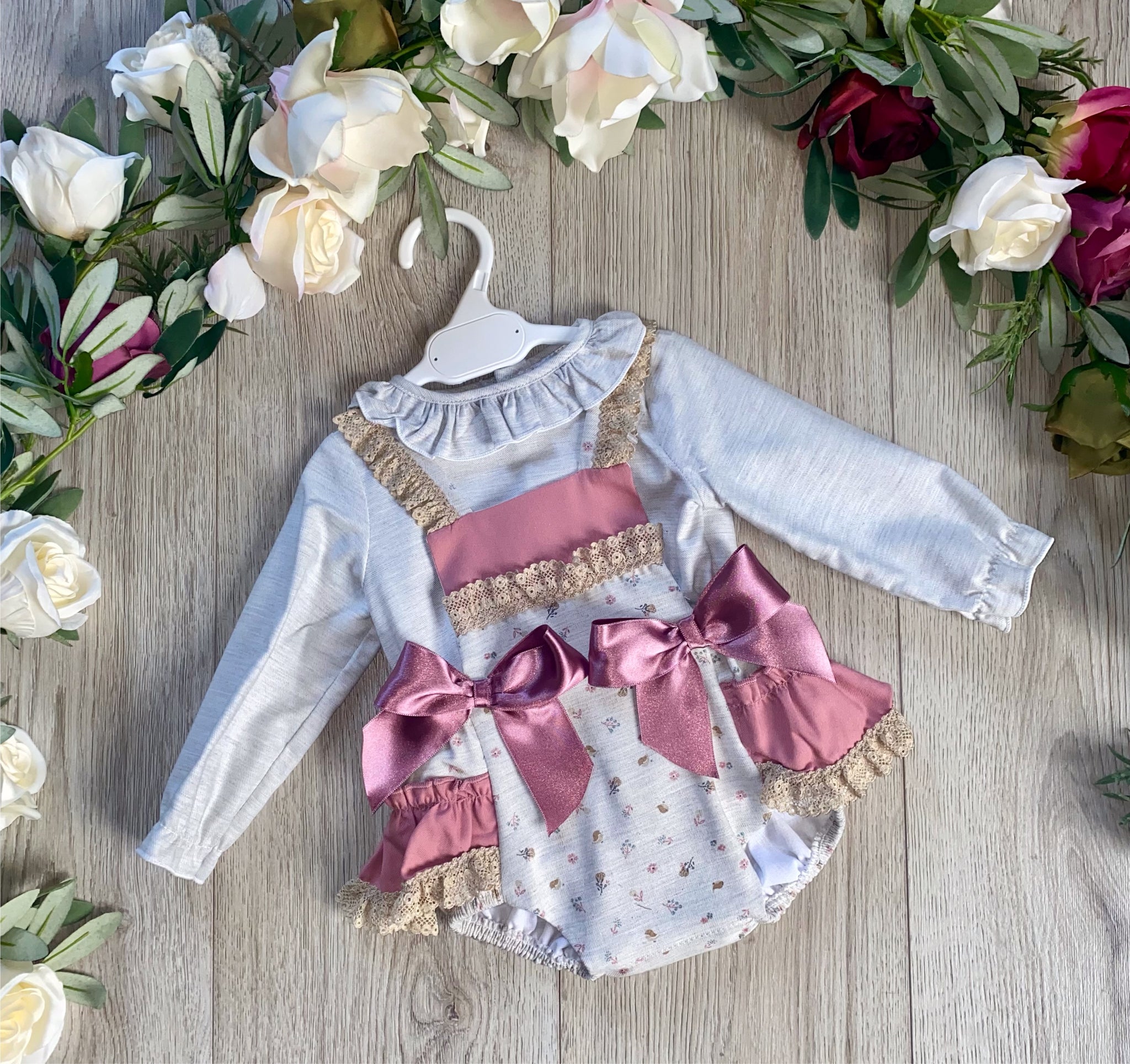 baby girls spanish grey romper plum frilly bow blouse set outfit 
