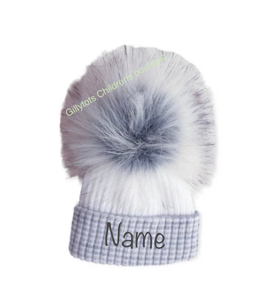 Baby Unisex luxury Faux Fur single  Pom Hat - white/grey trim