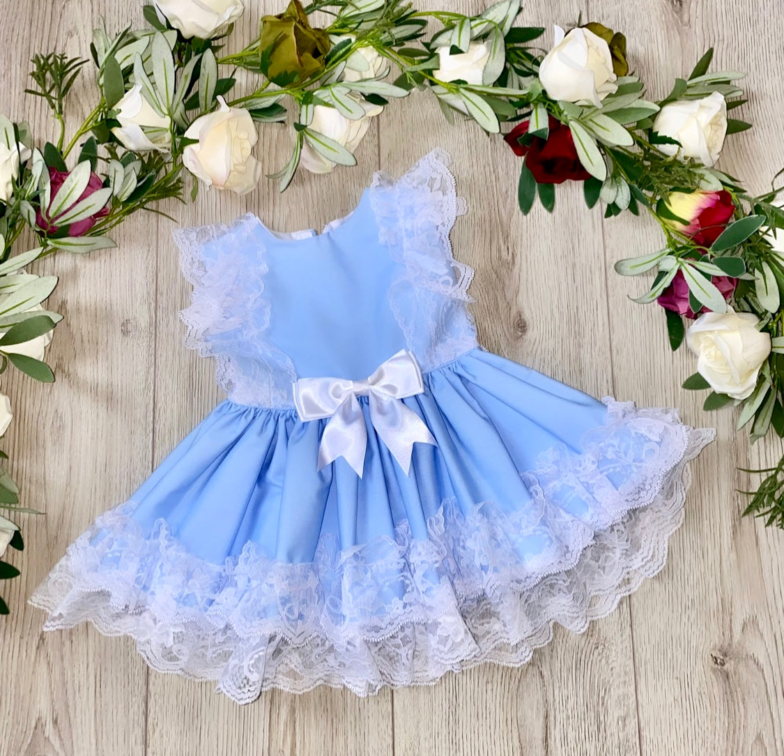 blue frilly puffball dress lace bow puffy baby girls 