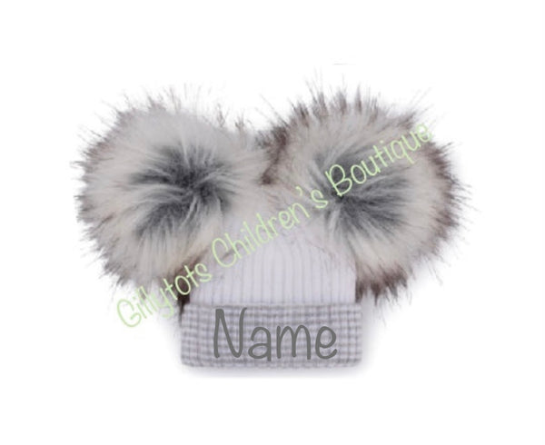 Baby Unisex  luxury  faux fur double  Pom Pom Hat white/grey trim