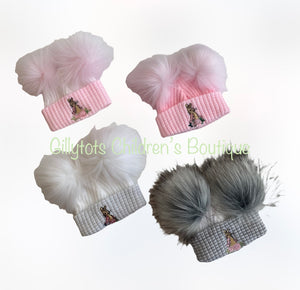 Beatrix potter  first size Flopsy Bunny Double Pom luxury Faux  fur  Hat - Pink/pink trim