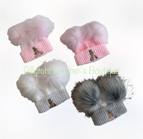 Beatrix potter  first size Flopsy Bunny Double Pom luxury Faux  fur  Hat - Pink/pink trim