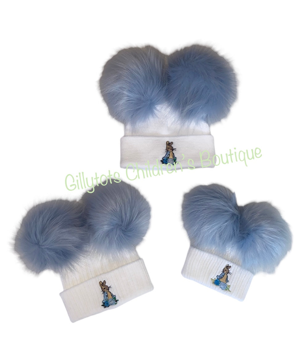 Peter Rabbit luxury  Faux  fur Double Pom Hat white/blue poms