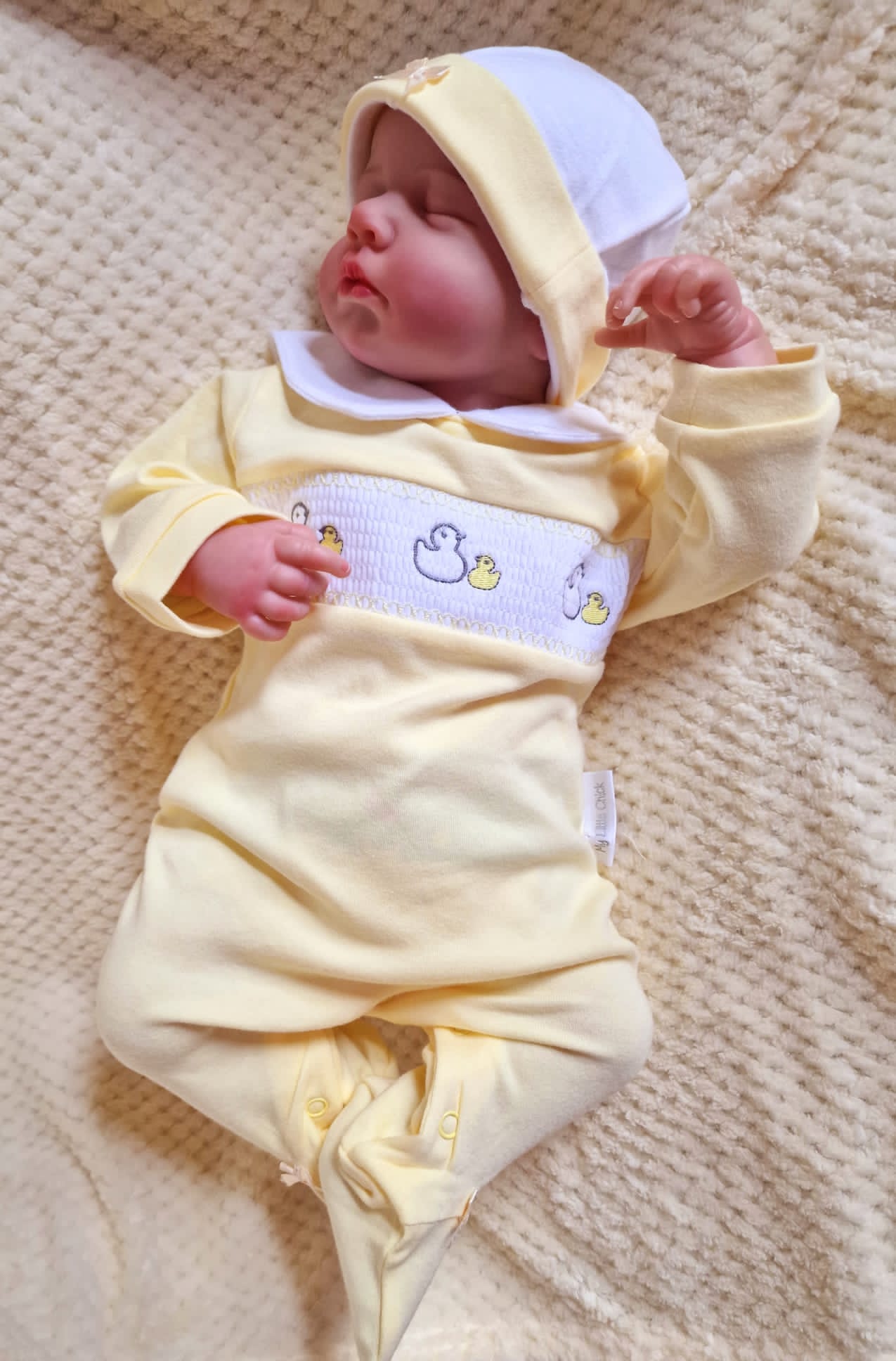 littke chick easter babygrow lemon newborn baby wear clothes hand smock hat all in one gillytots 