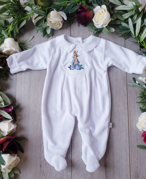 peter rabbit baby boys velour babygrow gillytots 