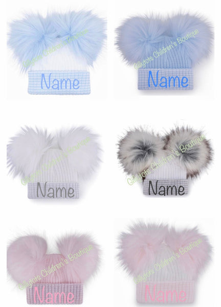 Personalised First Size luxury Fur Double Pom Hat