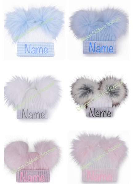 Personalised First Size Faux Fur Double Pom Hat