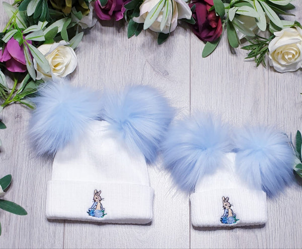 Peter Rabbit luxury  Faux  fur Double Pom Hat white/blue poms