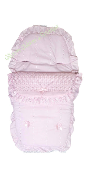 pink frilly girls pram footmuff cosy toes 