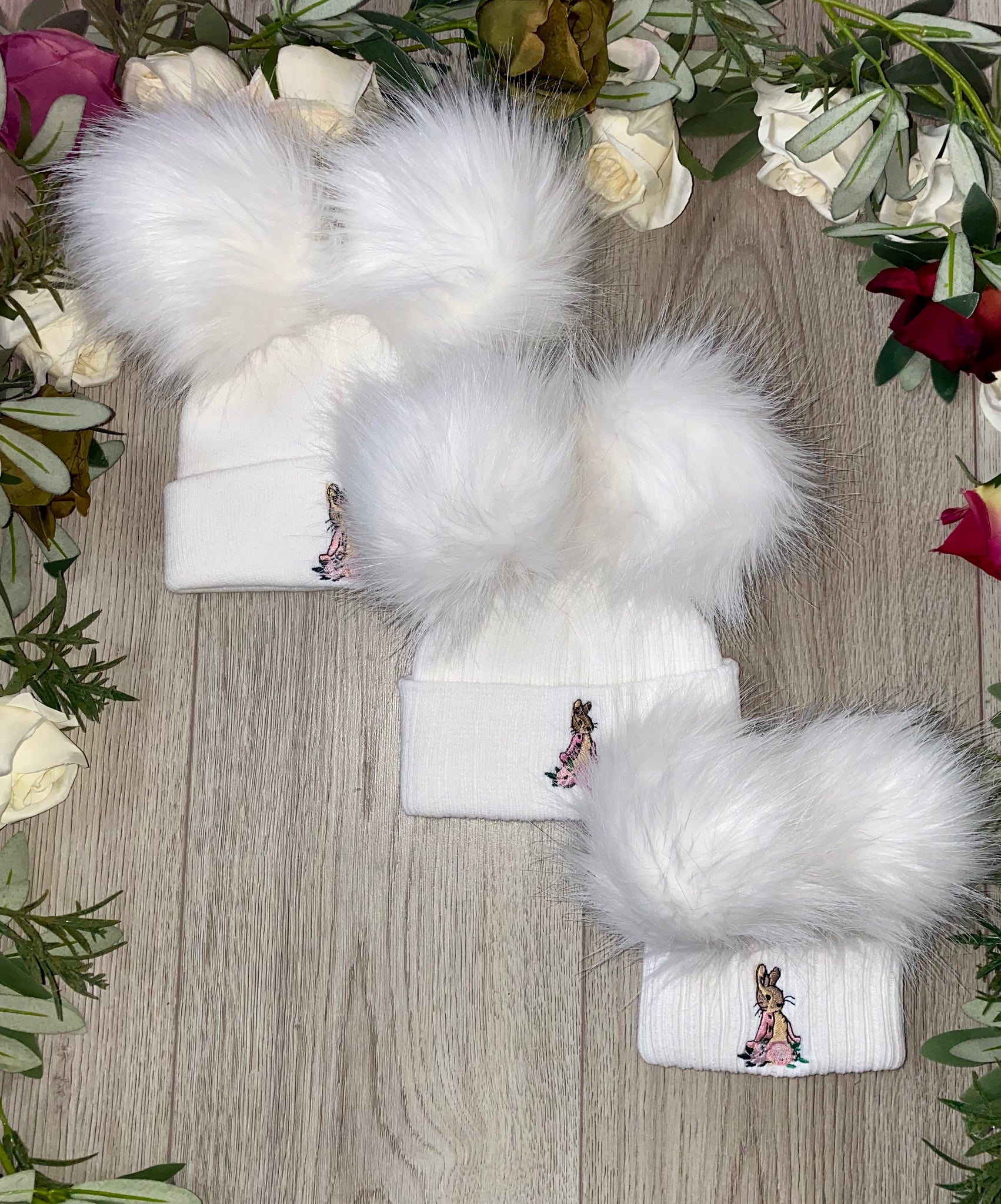 flopsy bunny Beatrix potter baby girls hats pom pom faux fur hats hat Gillytots childrens boutique 