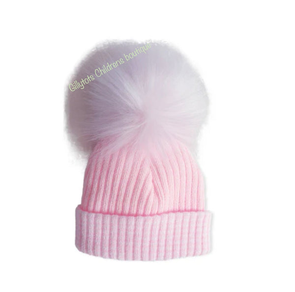 Baby Girls Luxury Faux Fur single Pom Hat - Pink/pink trim