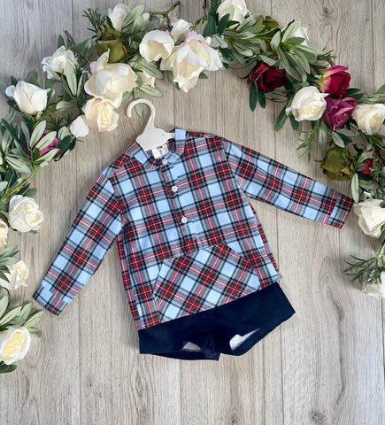 boys checked shirt set with pocket matching navy shorts christmas outfit 