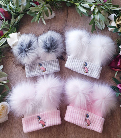Jemima Puddleduck luxury Faux  Fur Double Pom Pom Hat first size