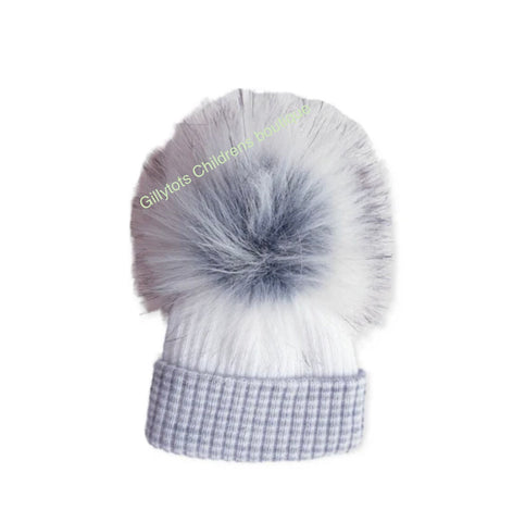 Baby Unisex luxury Faux Fur single  Pom Hat - white/grey trim