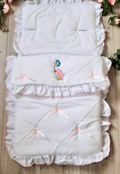 jemima puddleduck baby pram blanket footmuff beatrix potter cosy toes white 