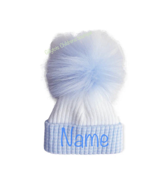 Baby Boys luxury Faux Fur single Pom Hat - Blue/White
