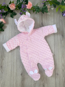 baby girls all in one soft feel pink baby hooded snow suit snowsuit pram suit 