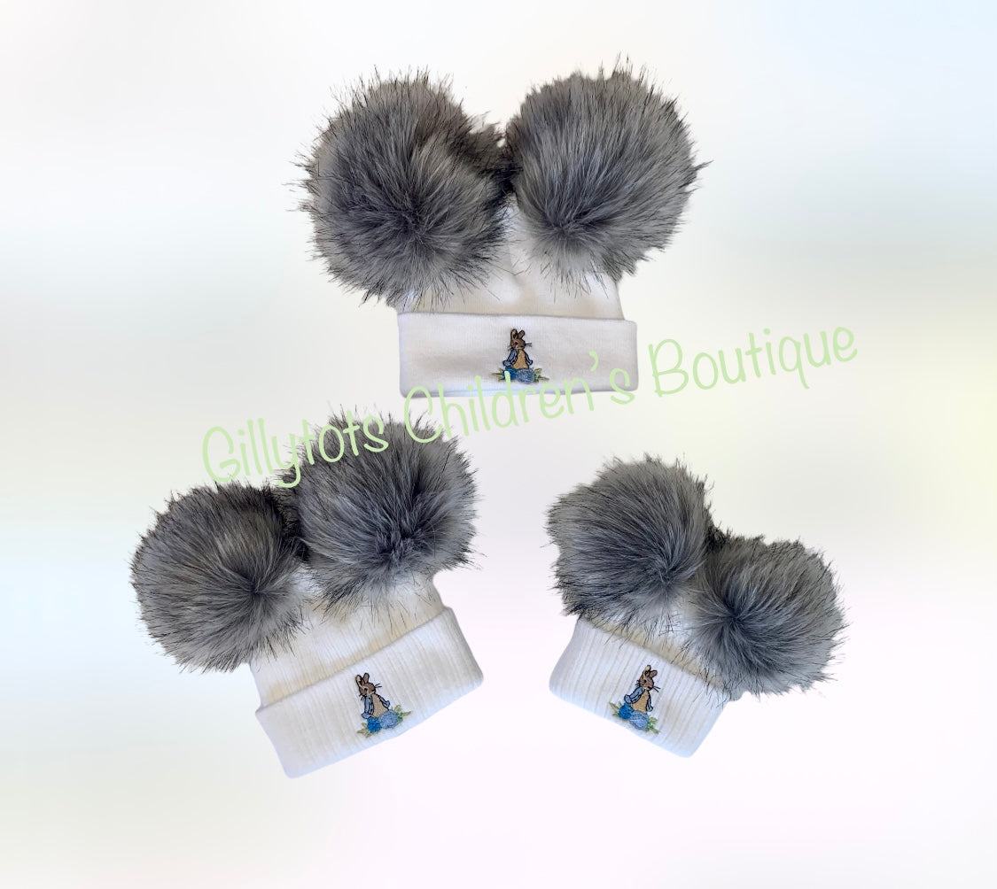 Peter Rabbit Baby Boys luxury faux fur Double Pom Pom Hat - White/ grey poms