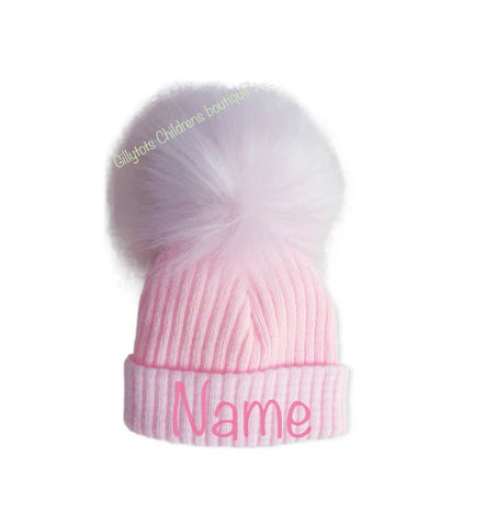 Baby Girls Luxury Faux Fur single Pom Hat - Pink/pink trim