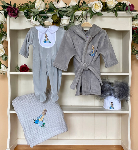peter rabbit beatrix potter collection baby boys gillytots grey gillytoys all in one babygrow dressing gown hats blanket 