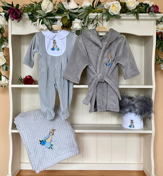 peter rabbit beatrix potter collection baby boys gillytots grey gillytoys all in one babygrow dressing gown hats blanket 