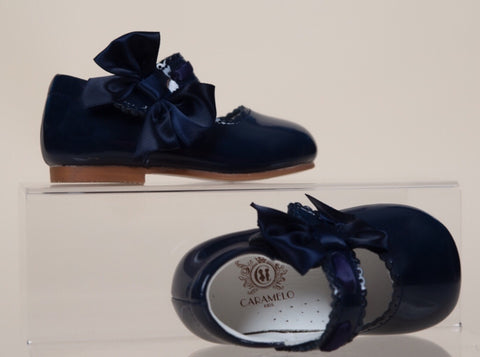 caramelo kids Navy Mary Jane Hard sole side bow patent leather shoes 