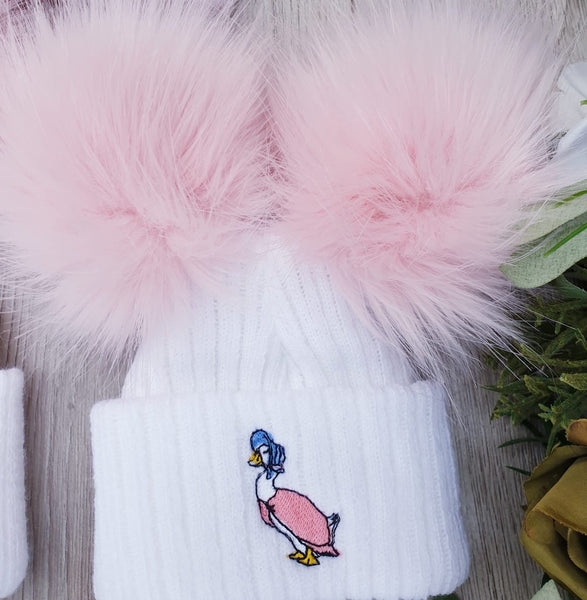 Jemima Puddleduck luxury Faux Fur Double pom Hat - white /Pink