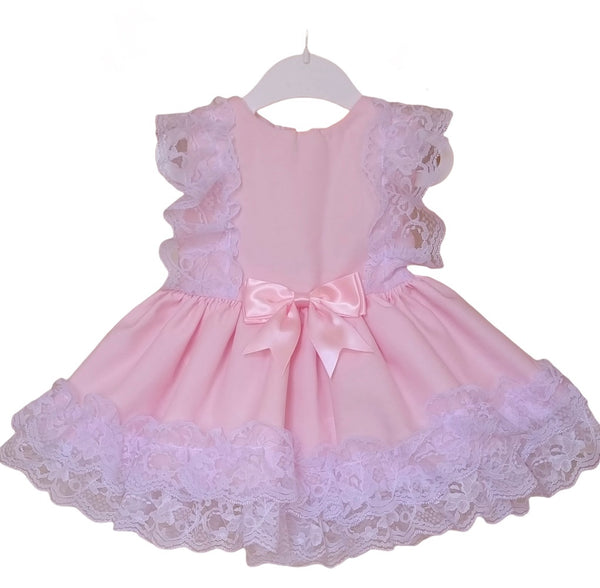 frilly lace pink baby girls dress bow pink dresses Gillytots Childrens boutique 