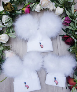 Jemima Puddleduck luxury faux Fur  Double Pom Pom Hat white/white poms