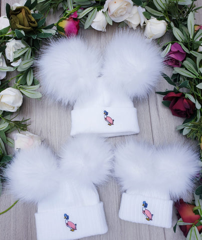 Jemima Puddleduck luxury faux Fur  Double Pom Pom Hat white/white poms