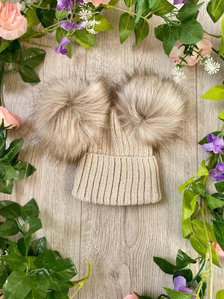 Luxury Faux Fur Double Pom Pom Knitted Hat