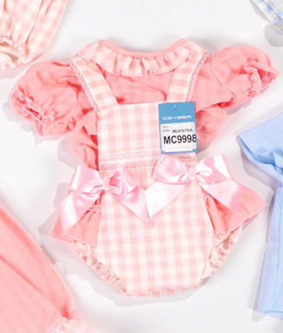 ceyber pink gingham romper set with bows 