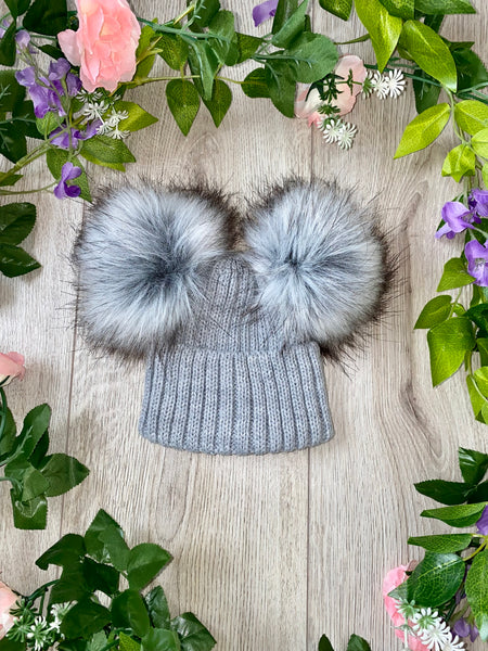 Luxury Faux Fur Double Pom Pom Knitted Hat