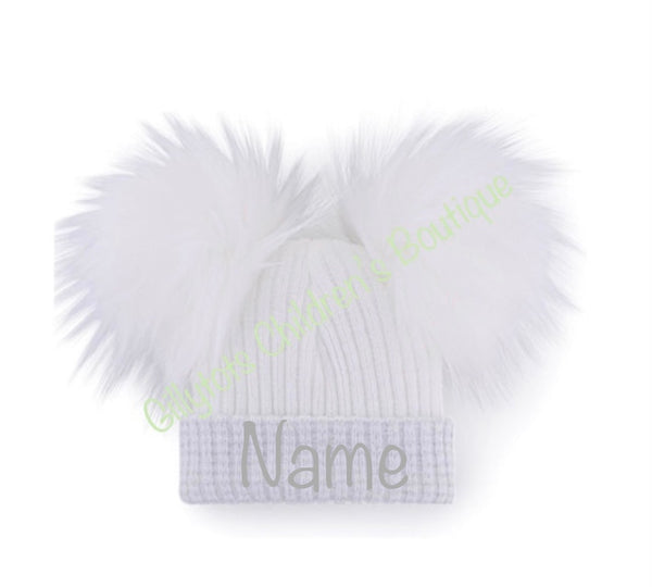 luxury Faux  fur double Pom Pom Hat white,light silver trim first size