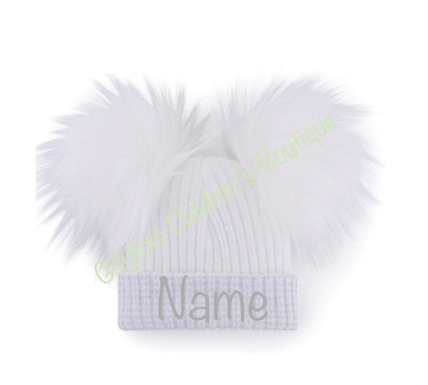 Double Fur Pom Pom Hat Light Grey/White