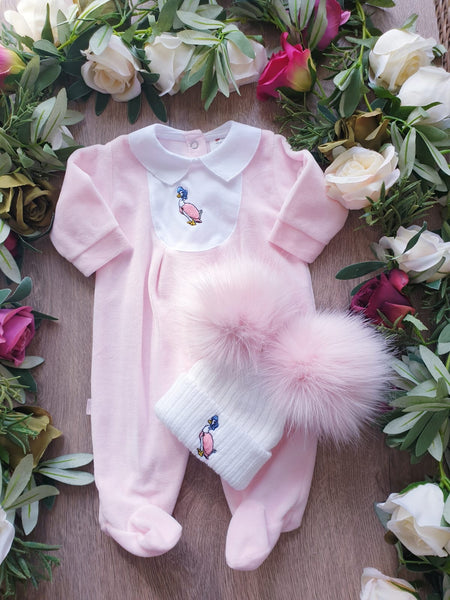 beatrix potter baby girls all in one jemima puddleduck velour pink babygrow gillytots childrens boutique 