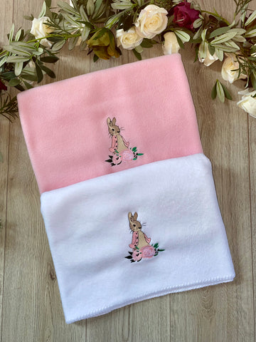 flopsy bunny soft feel pink white blanket personalised peter rabbit