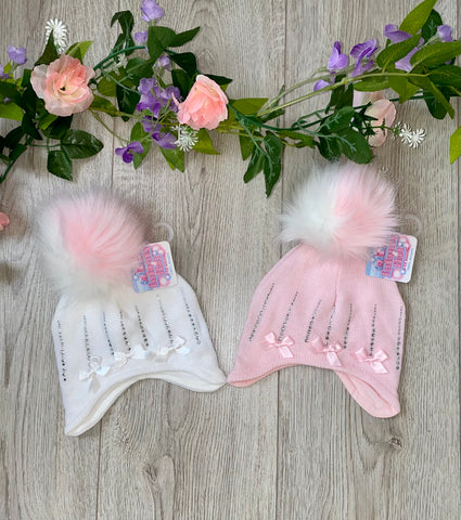 Diamanté Baby Girls Fur Pom Hat